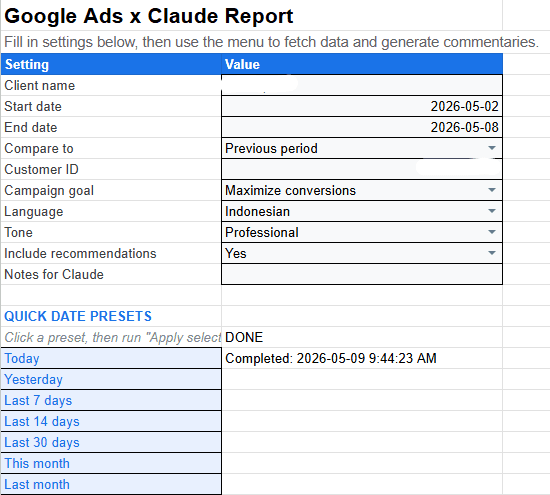 Google Ads report settings for period, objective, language, and tone